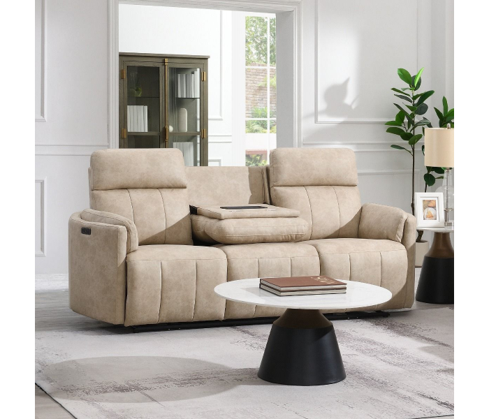 Elison - Power Motion Sofa With Drop Table - Dark Beige Polished Microfiber - Beige, 87"