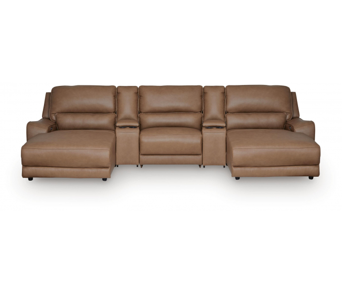 DeepWakes 5-Piece Power Reclining Sectional With Double Chaise, Power Armless Recliner And 2 Storage Consoles Caramel, 143"