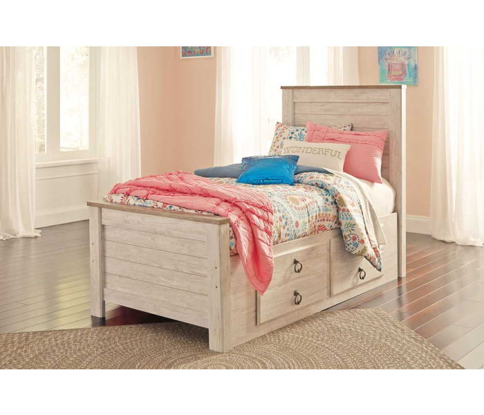 Willowton - Whitewash - Twin Panel Bed with 2 Storage Drawers