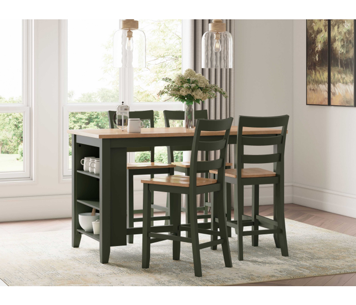 Gesthaven - Natural / Green - 5 Pc. - Rectangular Dining Room Counter Table, 4 Barstools
