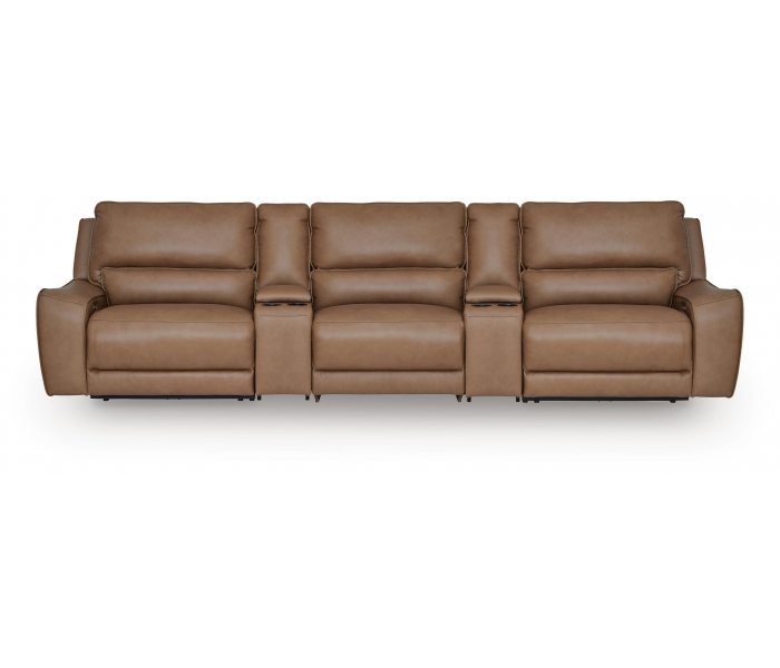 DeepWakes 5-Piece Power Reclining Sectional With Armless Chair And 2 Storage Consoles Caramel, 156"