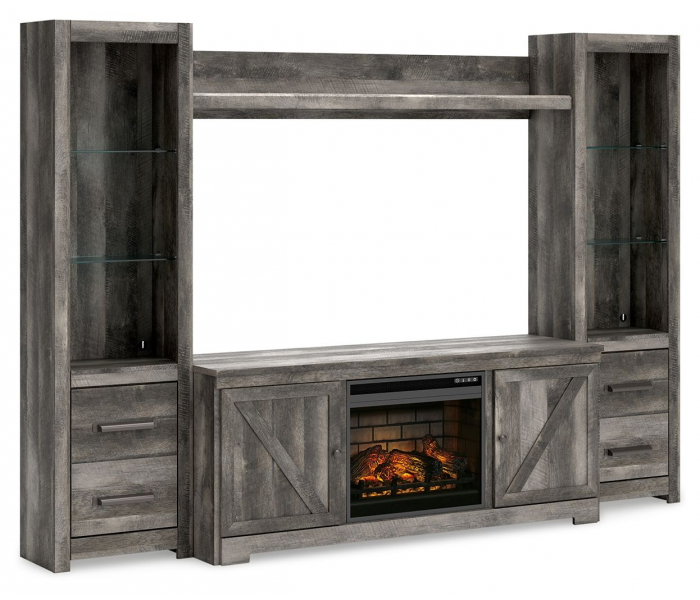 Wynnlow Entertainment Center TV Stand With Glass/Stone Fireplace Insert Gray