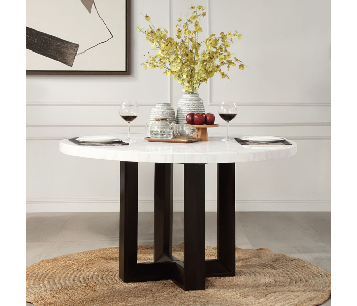 Edwyn - Round Dining Table - White Natural Marble Top & Espresso - White, 54"