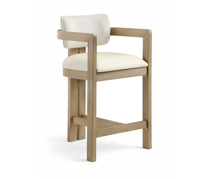 Ravina - Vegan Leather and Linen Textured Fabric Upholstered Counter Stool - Cream / Stained Natural - White