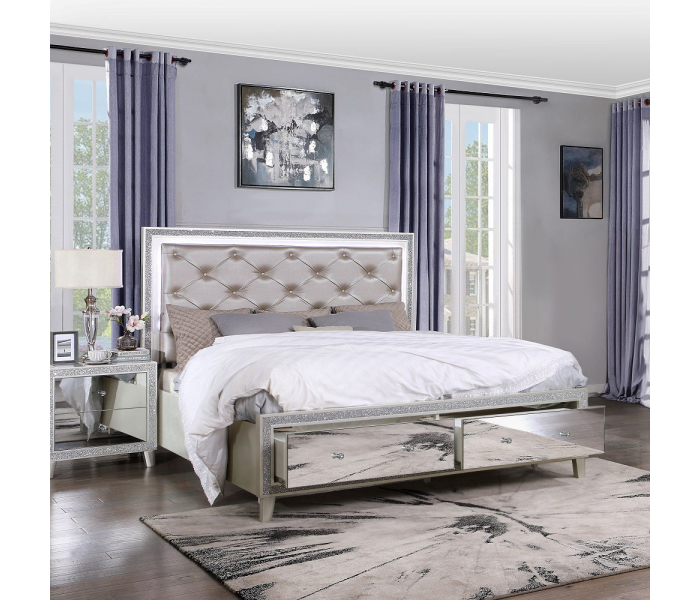 Sliverfluff - California King Bed With LED & Storages - Synthetic Leather & Champagne
