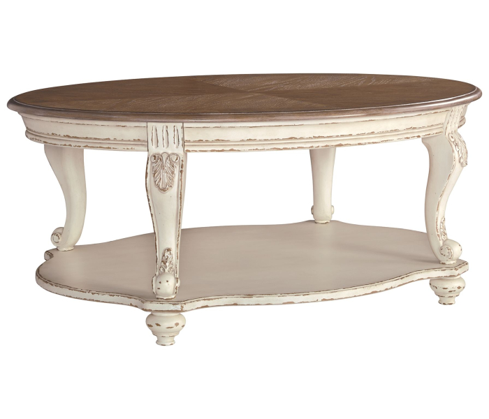 Realyn - White / Brown - Oval Cocktail Table, 48.13"