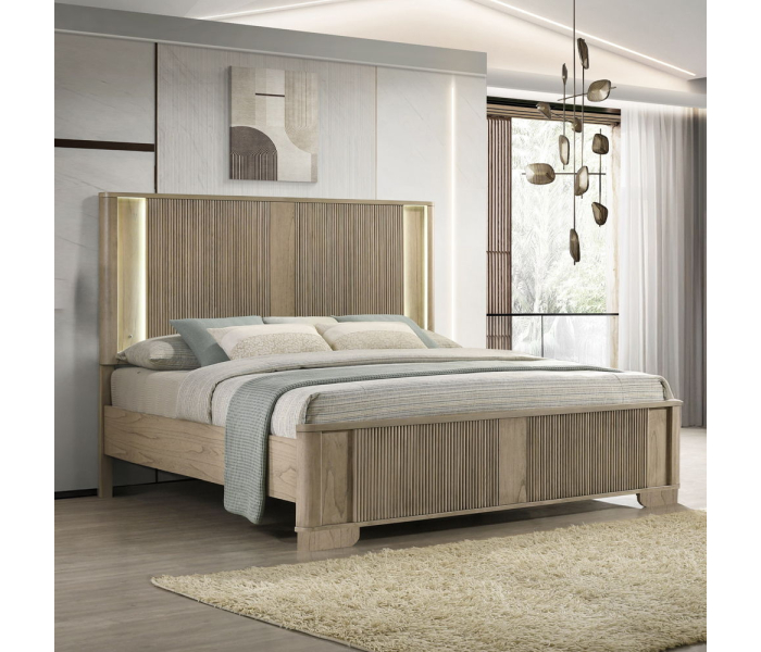 Lakkari - Eastern King Bed With LED - Antique Oak - Light Brown