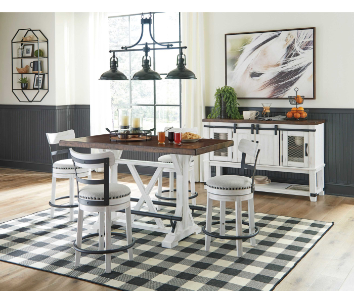 Valebeck - White - 6 Pc. - Counter Table, 4 Swivel Barstools, Server