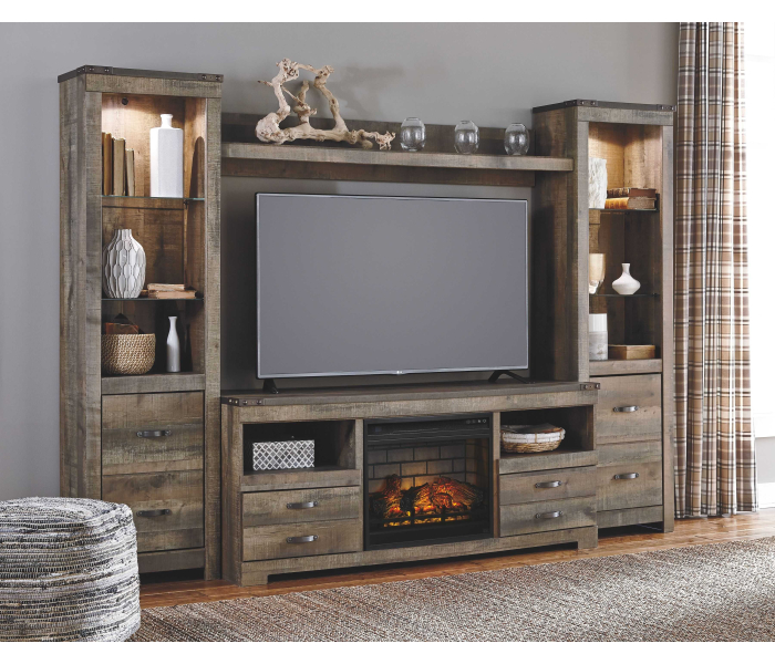 Trinell - Brown - 5 Pc. - Entertainment Center - 63" TV Stand with Faux Firebrick Fireplace Insert