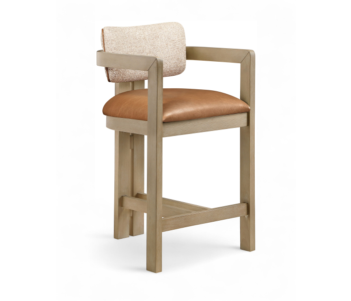 Ravina - Vegan Leather and Linen Textured Fabric Upholstered Counter Stool - Cognac / Stained Natural - Light Brown
