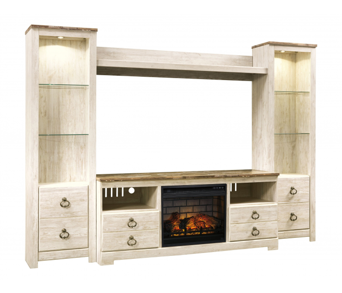 Willowton Entertainment Center TV Stand With Faux Firebrick Fireplace Insert Whitewash