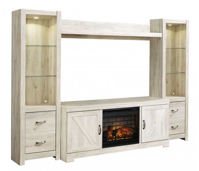 Bellaby Entertainment Center TV Stand With Faux Firebrick Fireplace Insert Whitewash