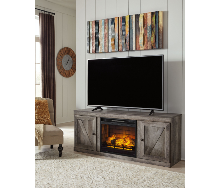 Wynnlow - Gray - TV Stand With Faux Firebrick Fireplace Insert