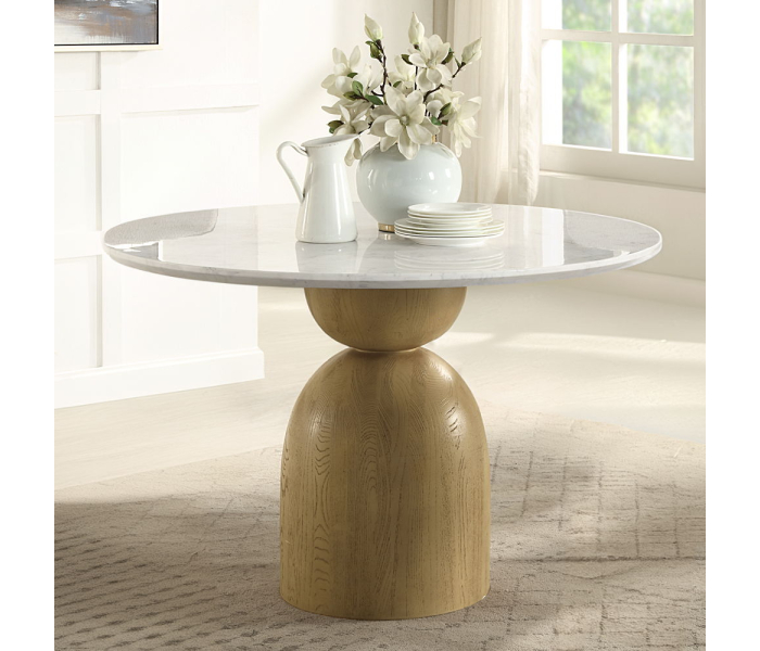 Kala - Round Dining Table With Marble Top - Natural Marble Top & Oak Finish, 48"