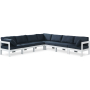 Nizuc - Outdoor Patio 7 Piece Modular Corner Sectional With White Frame - Navy, 120"